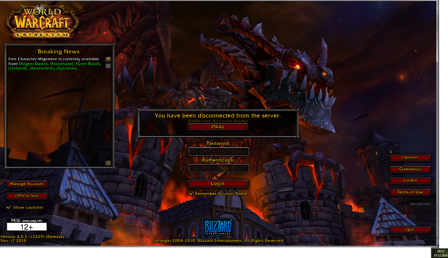WoW Login server down shortly after midnight of Cataclysm Release
